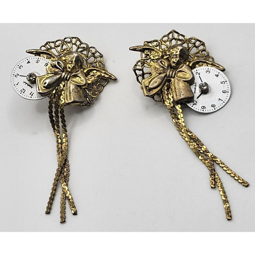 My Grandma's Clock Collage 3in Clip On Shabby Chic Earrings